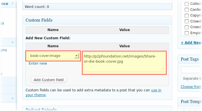 Add the custom field called "book-cover-image" and set the URL to the book cover as value